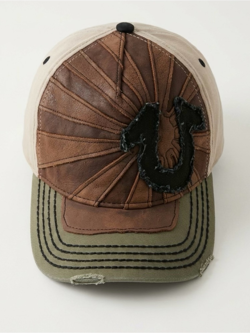 Y2K True Religion Vintage Distressed Leather Olive Khaki & Black Trucker Cap